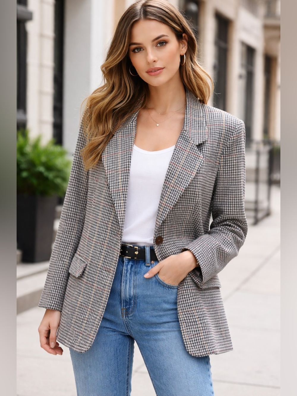 Vintage Women's Gray Houndstooth Double Button Blazer 100% Wool